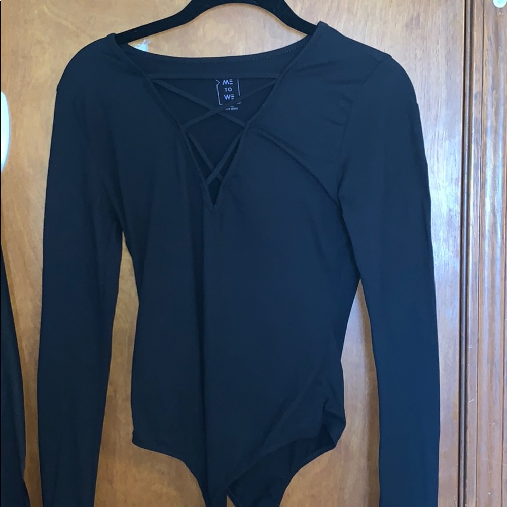 Black long sleeve bodysuit criss cross detail
